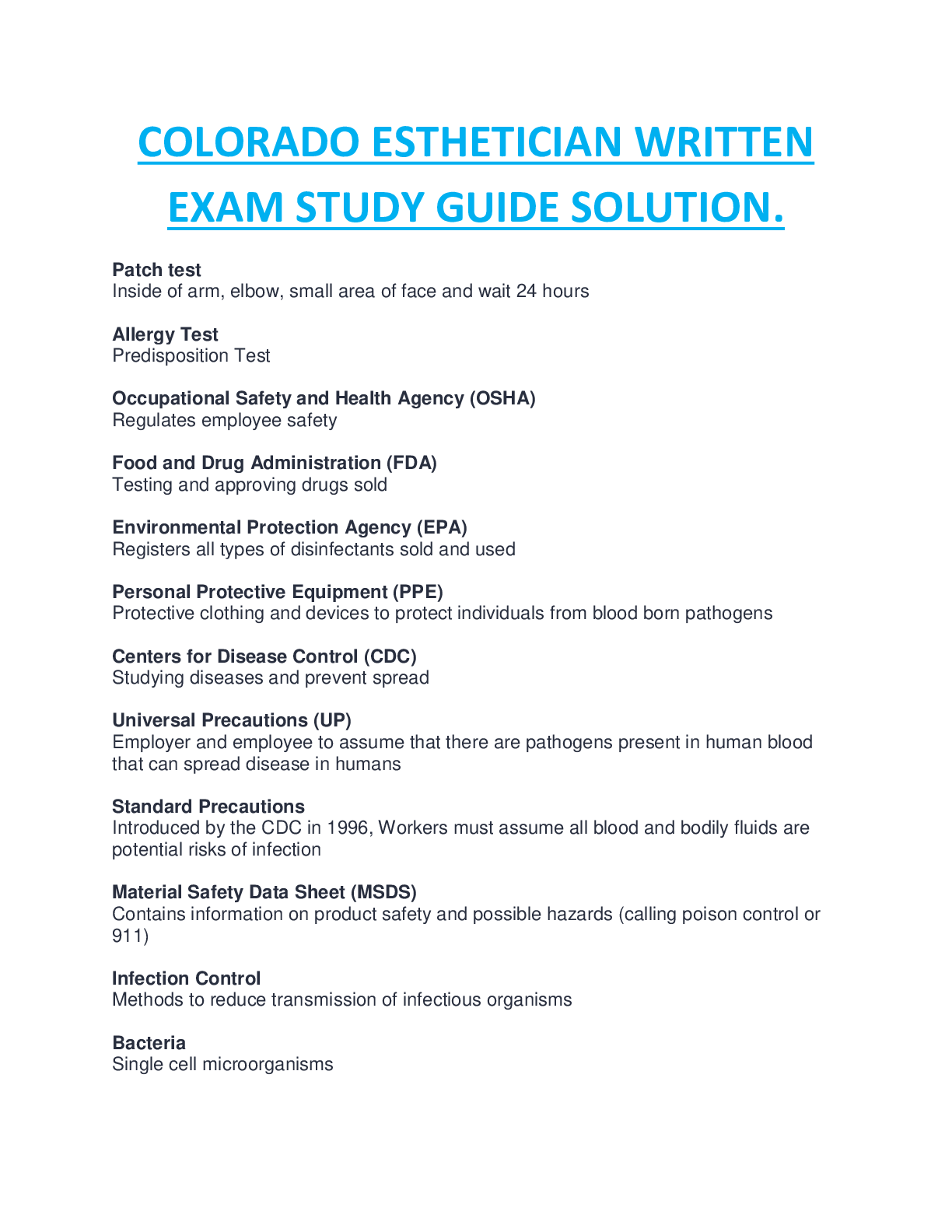 Preview image for COLORADO ESTHETICIAN WRITTEN ACTUAL STUDY GUIDE QUESTIONS AND ANSWERS COMPLETE GUIDE, RATED A+.